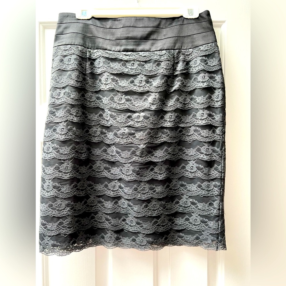 Silver, gray lace and satin cumberbun style pencil skirt.